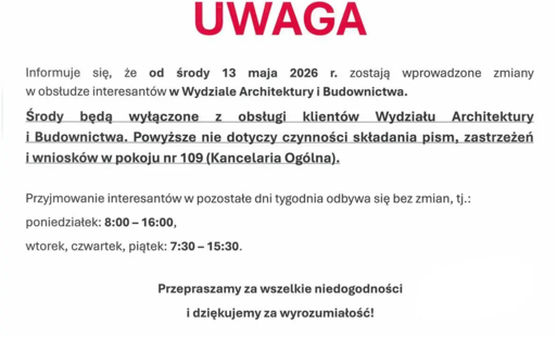 Zmiany w obsłudze interesantów w Wydziale Architektury i Budownictwa