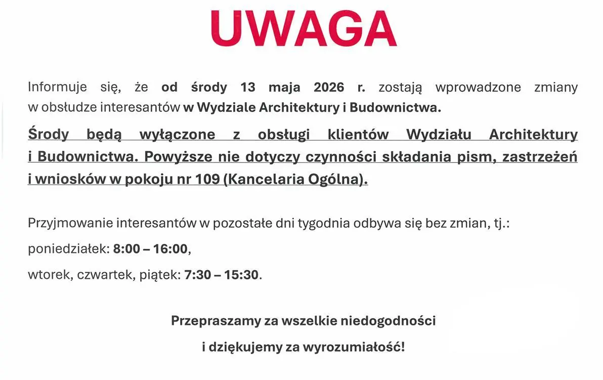 Zmiany w obsłudze interesantów w Wydziale Architektury i Budownictwa